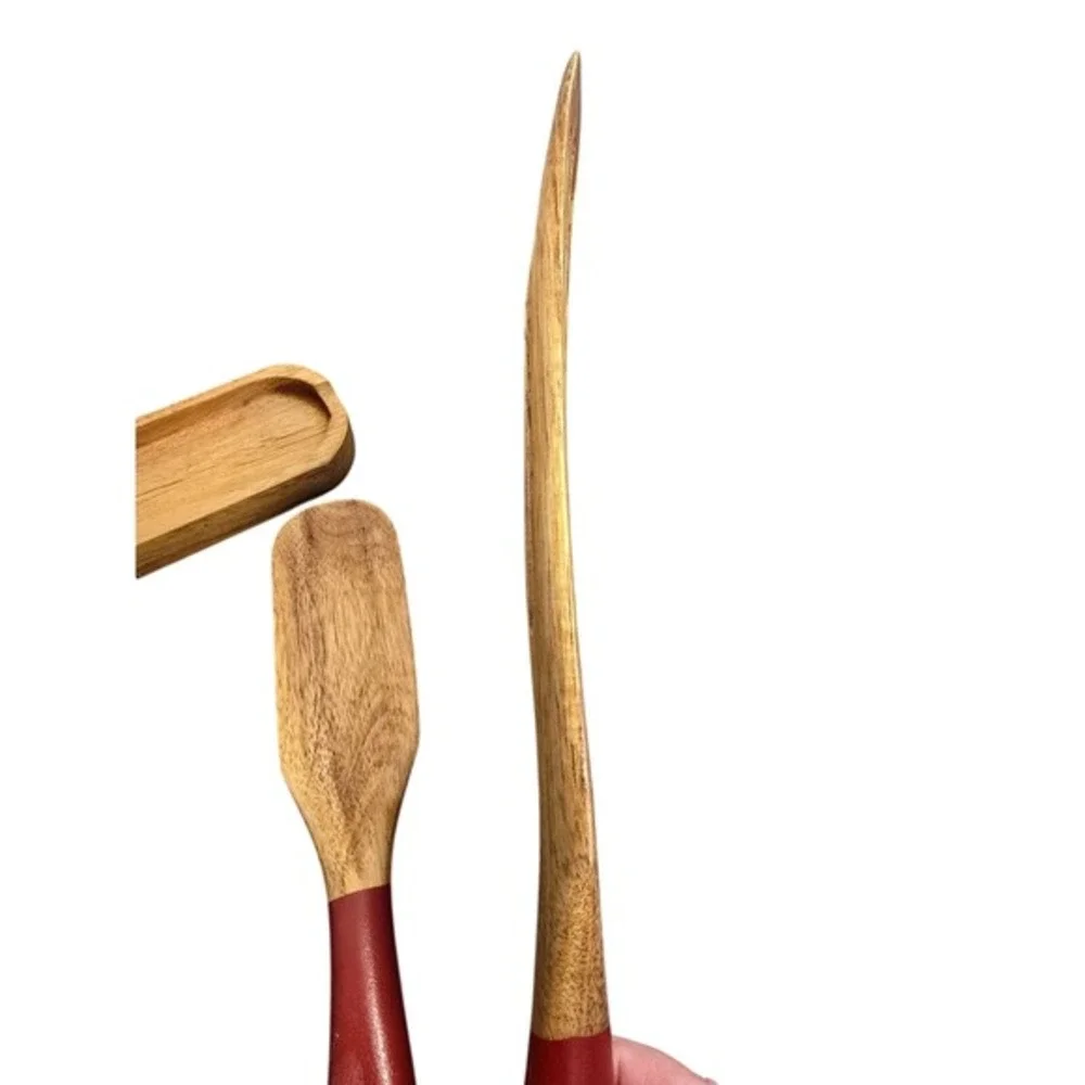 Mad Hungry Acacia Wood Kitchen Set Slotted Spurtles Holder Red‎ Handles 7 Piece